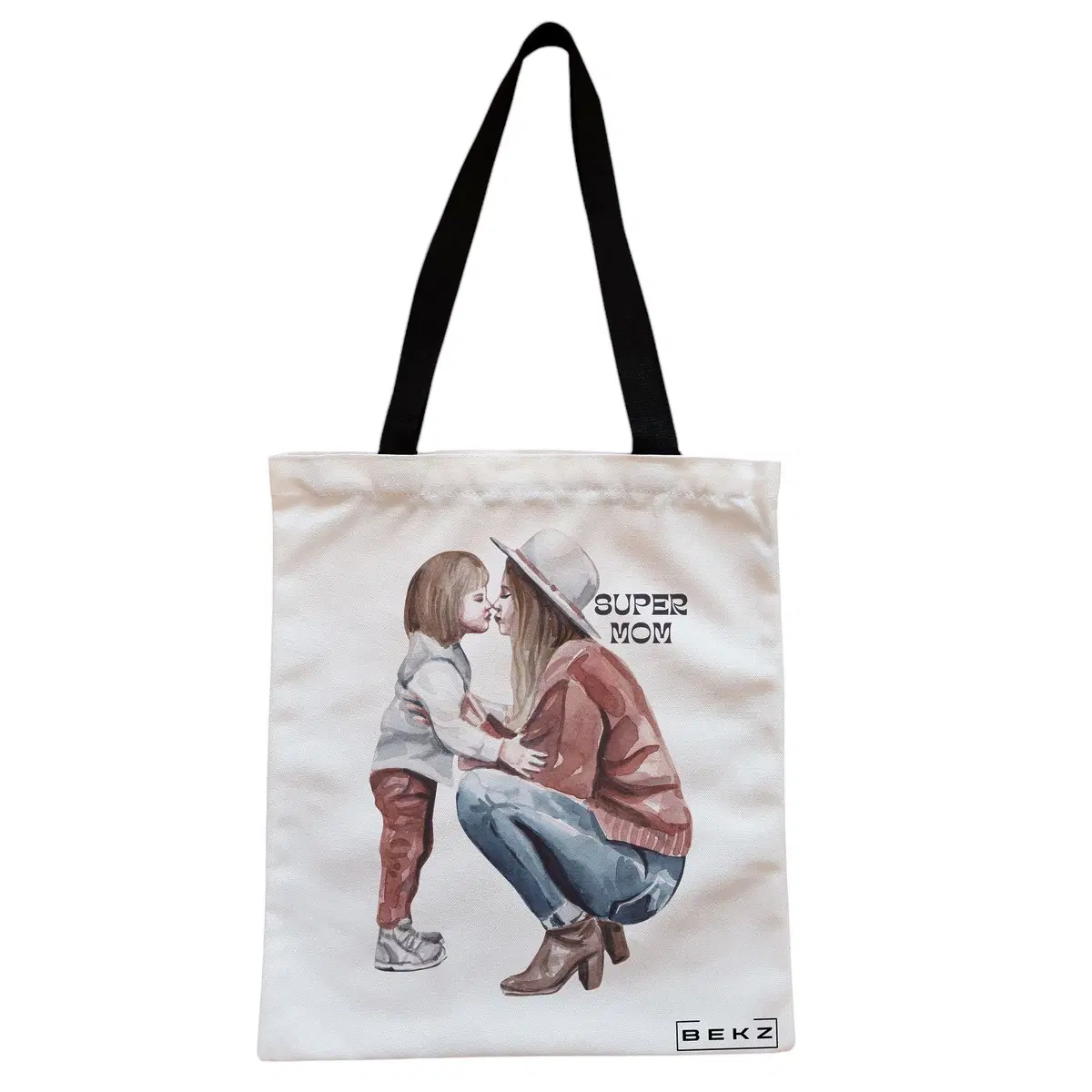 Geanta Canvas Tote pentru femei, model Super Mom 4, 38x34.5 cm, Alba, BEKZ®