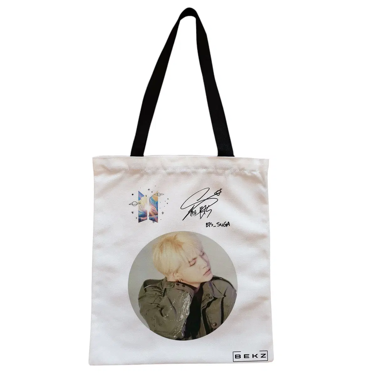 Geanta Canvas Tote pentru femei, model BTS Suga, 38x34.5 cm, Alba, BEKZ®