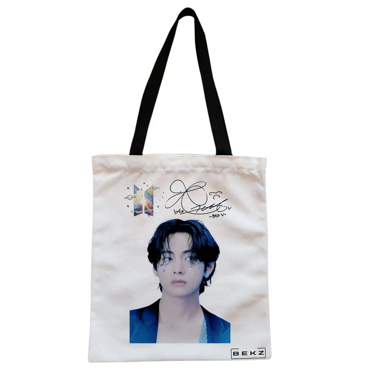 Geanta Canvas Tote pentru femei, model BTS V, 38x34.5 cm, Alba, BEKZ®