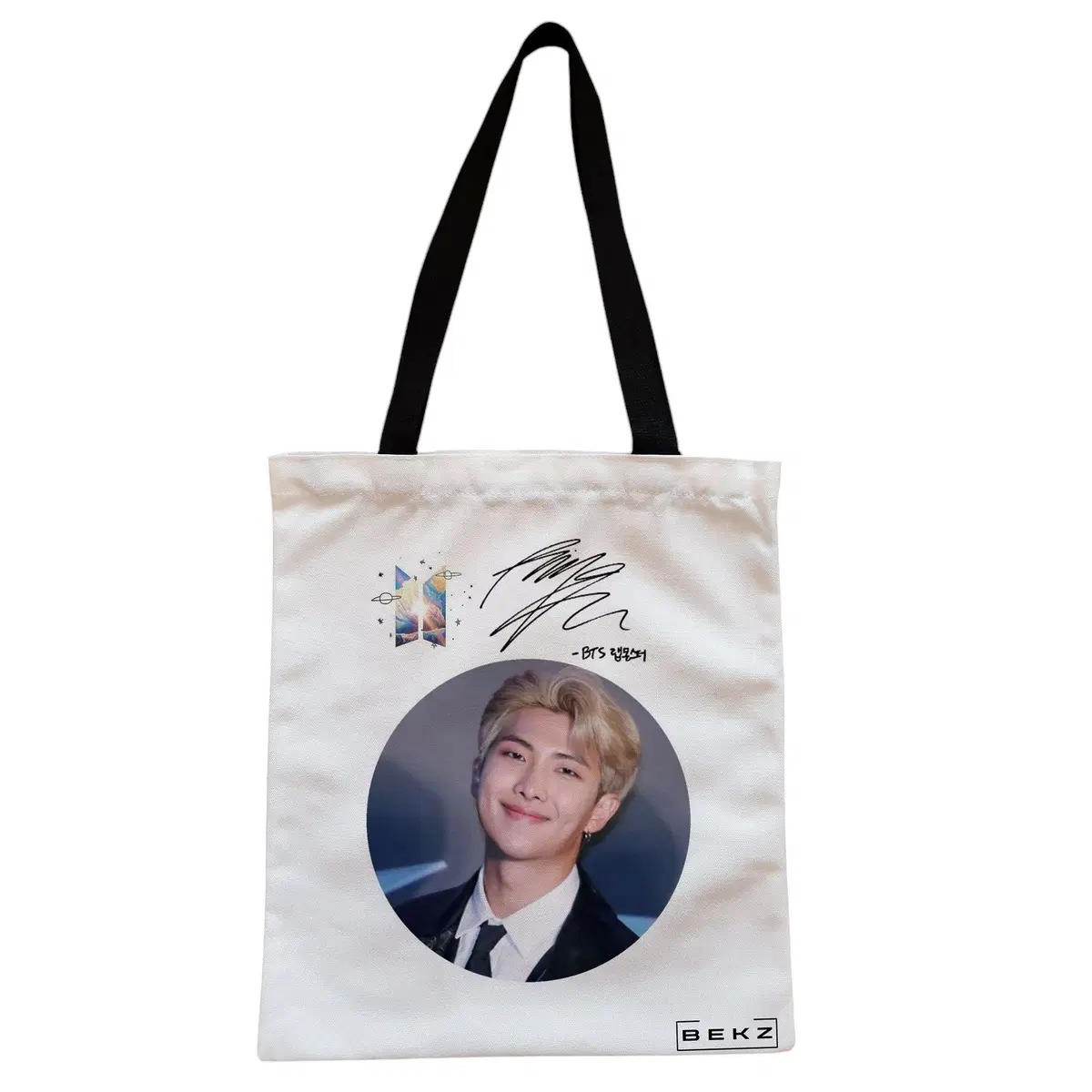 Geanta Canvas Tote pentru femei, model BTS RM cu semnatura, 38x34.5 cm, Alba, BEKZ®