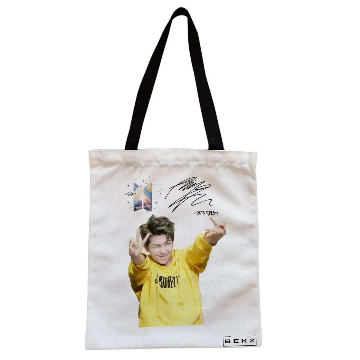 Geanta Canvas Tote pentru femei, model BTS RM cu semnatura 2, 38x34.5 cm, Alba, BEKZ®