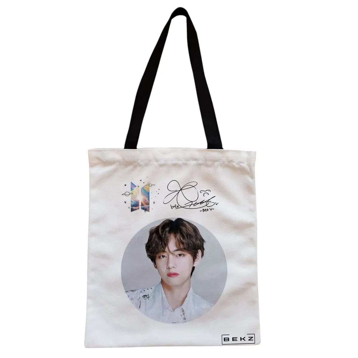 Geanta Canvas Tote pentru femei, model BTS V cu semnatura, 38x34.5 cm, Alba, BEKZ®