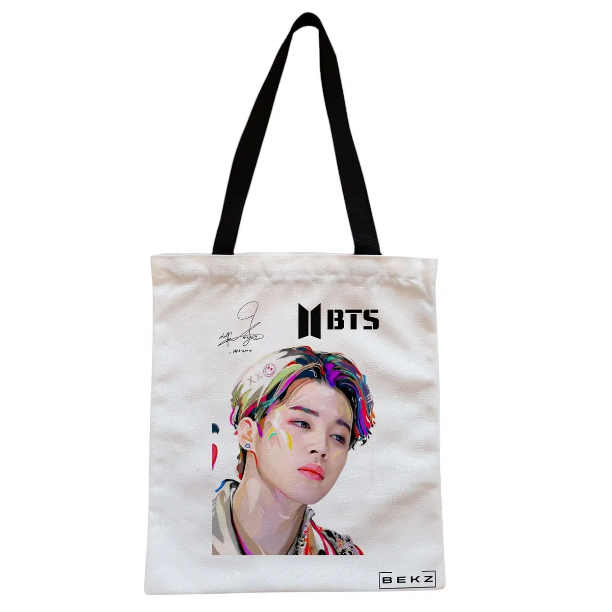 Geanta Canvas Tote pentru femei, model BTS Jimin cu semnatura 3, 38x34.5 cm, Alba, BEKZ®