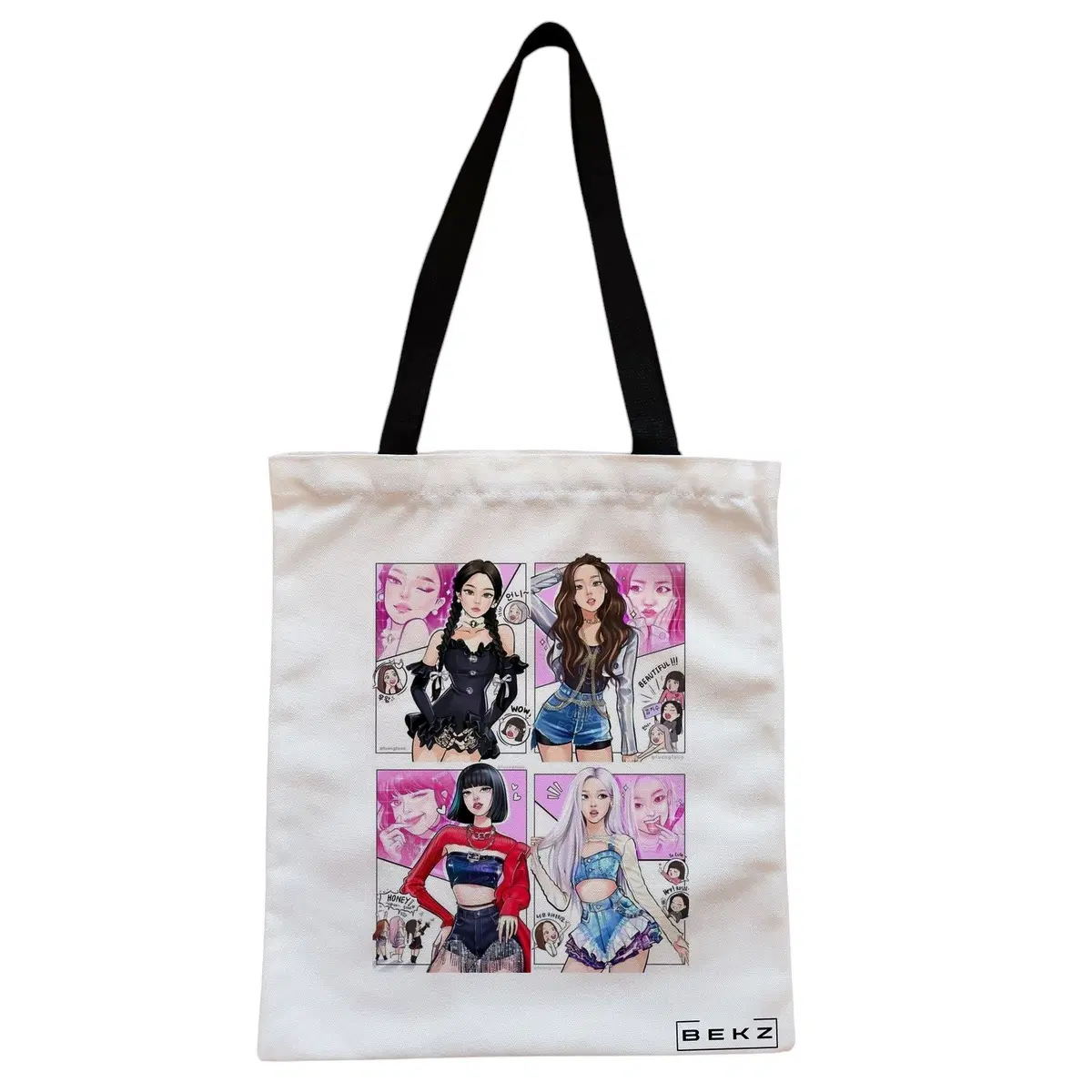 Geanta Canvas Tote pentru femei, model Blackpink 7, 38x34.5 cm, Alba, BEKZ®