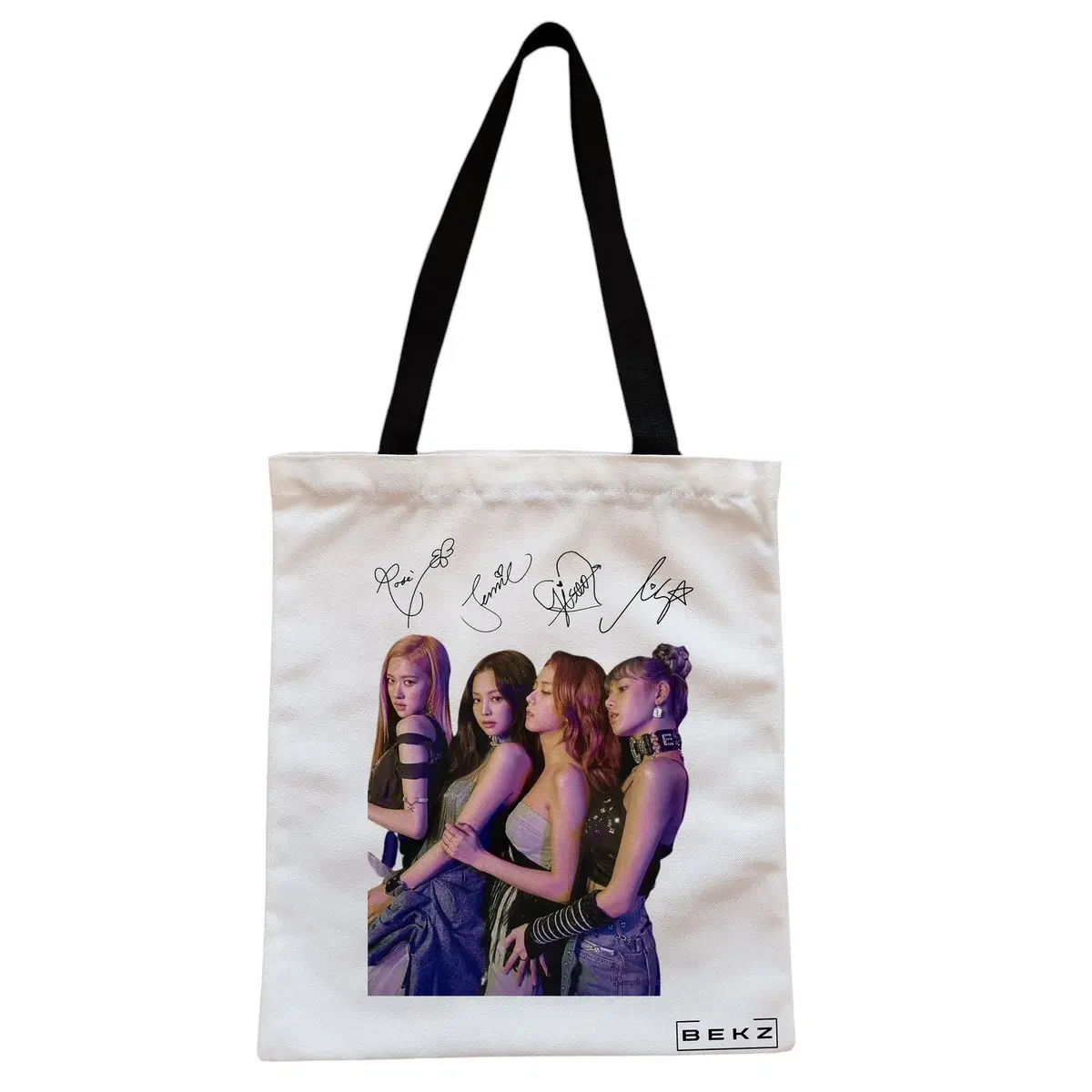 Geanta Canvas Tote pentru femei, model Blackpink 9 cu semnaturii, 38x34.5 cm, Alba, BEKZ®