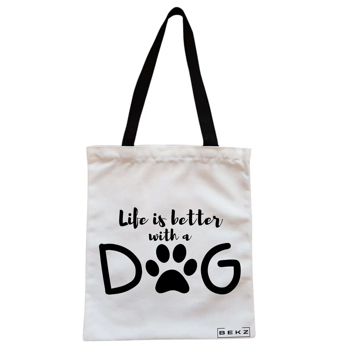 Geanta Canvas Tote pentru femei, model Life is better with a doggo, 38x34.5 cm, Alba, BEKZ®