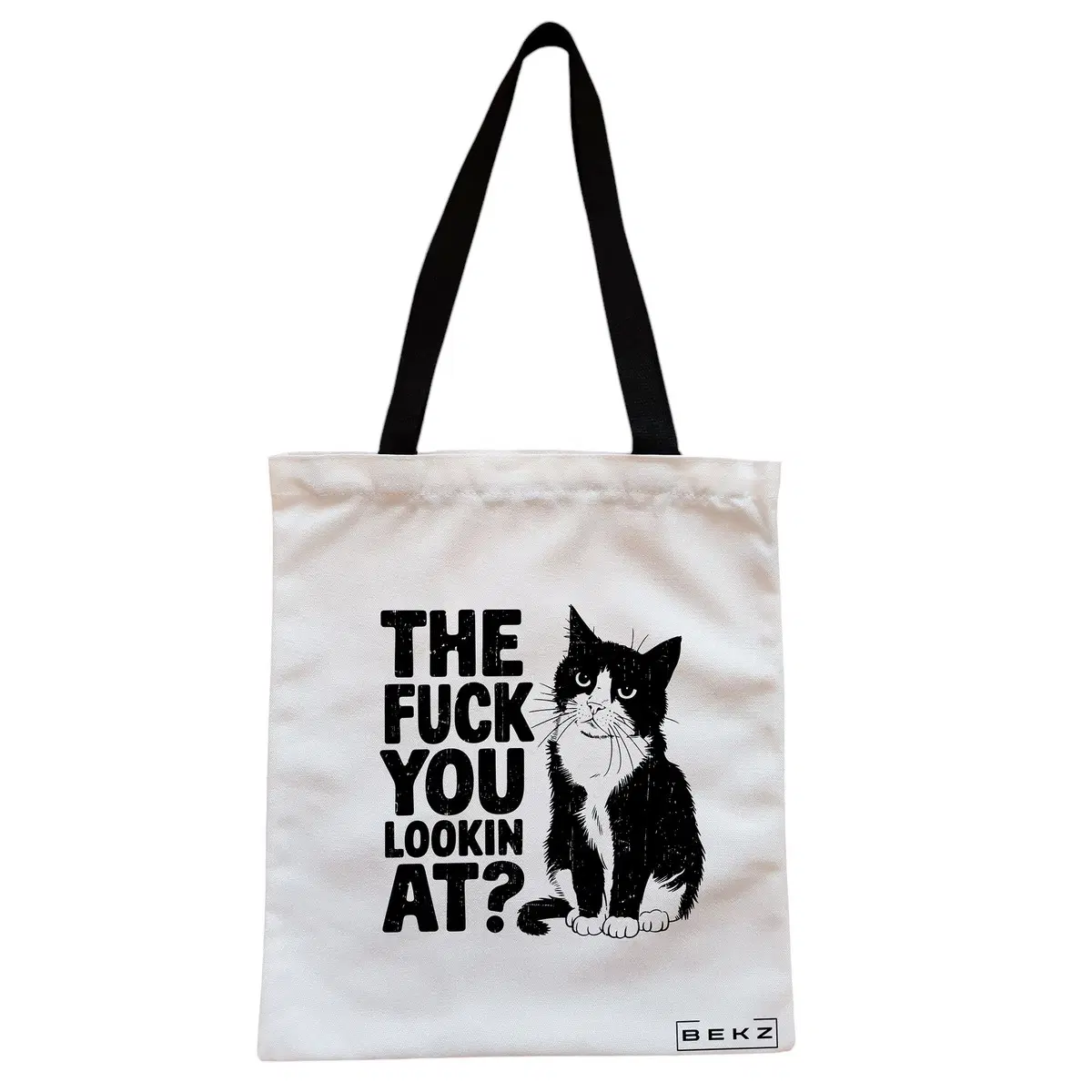 Geanta Canvas Tote pentru femei, model What are you looking at?, 38x34.5 cm, Alba, BEKZ®