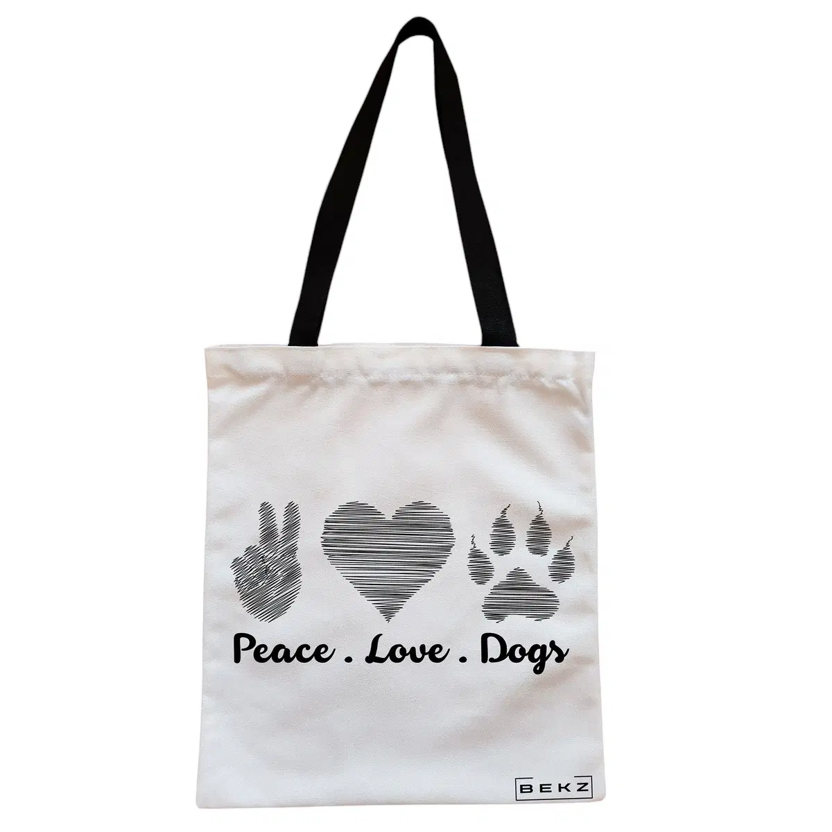 Geanta Canvas Tote pentru femei, model Peace Love Dogs, 38x34.5 cm, Alba, BEKZ®