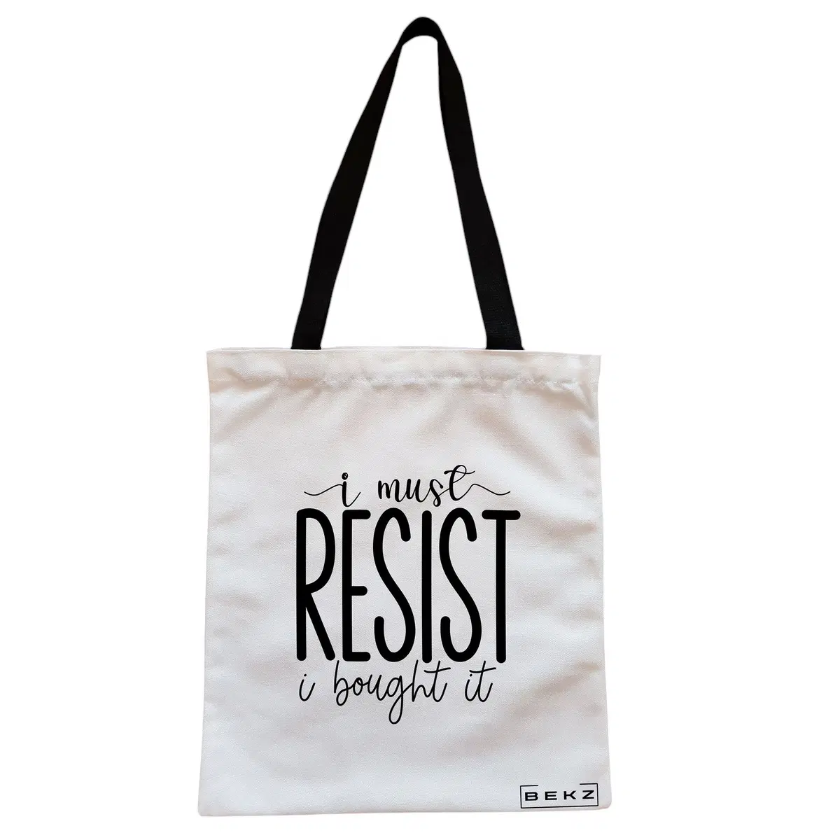 Geanta Canvas Tote pentru femei, model I must resist, I bought it, 38x34.5 cm, Alba, BEKZ®