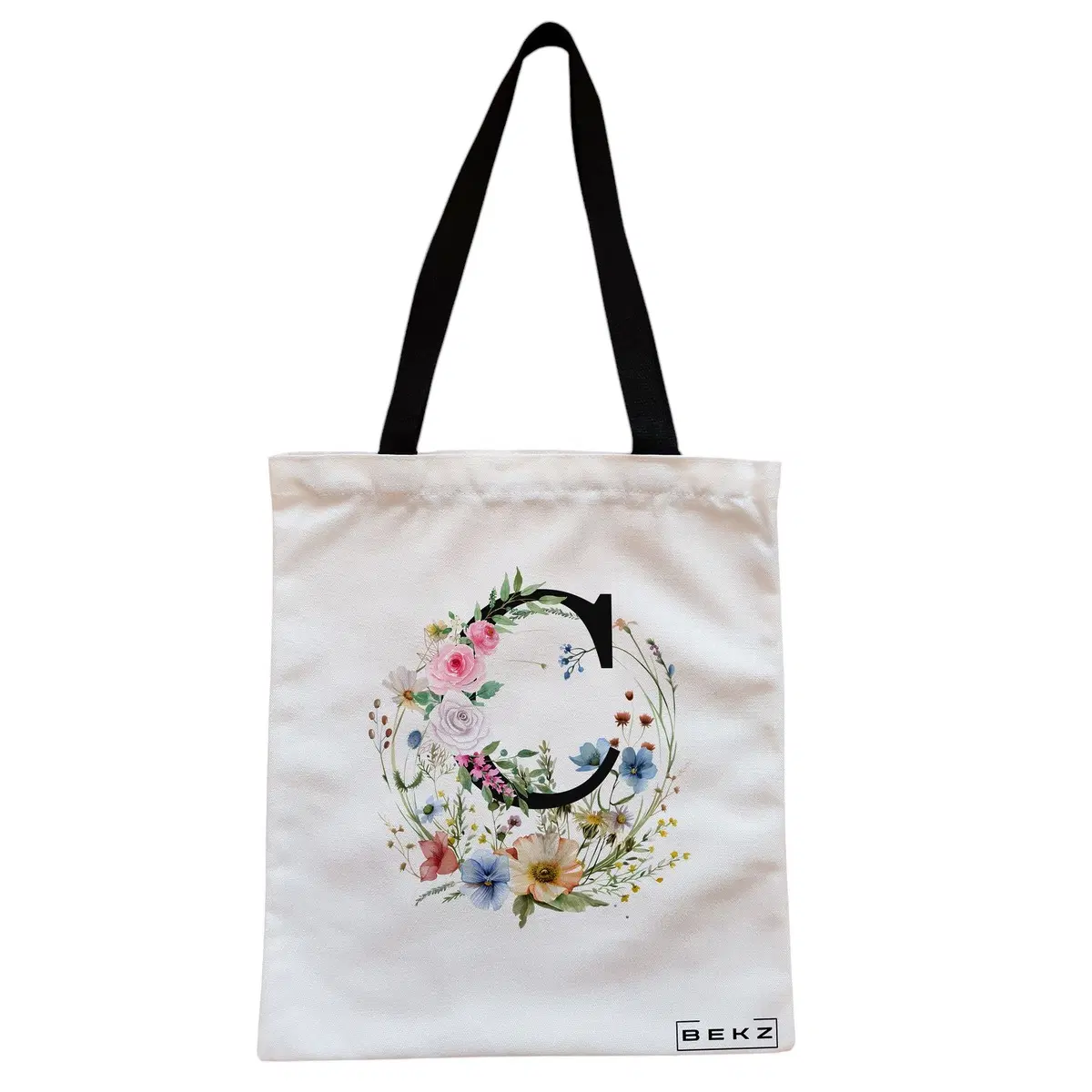 Geanta Canvas Tote pentru femei, Cu litera C in Coronita Florala, 38x34.5 cm, Alba, BEKZ®