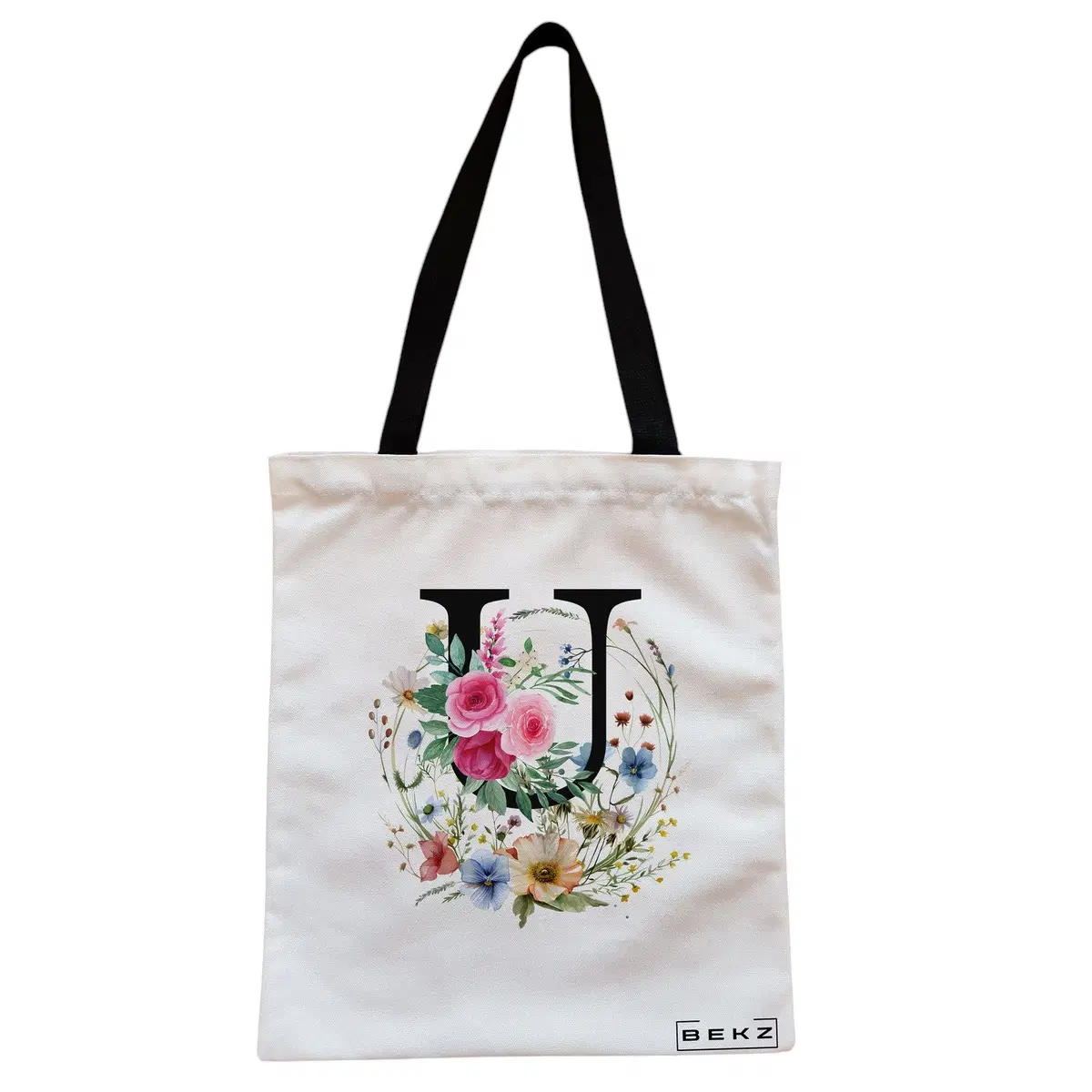Geanta Canvas Tote pentru femei, Cu litera U in Coronita Florala, 38x34.5 cm, Alba, BEKZ®