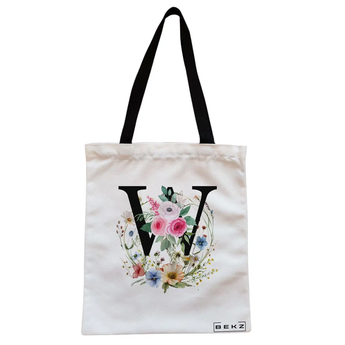 Geanta Canvas Tote pentru femei, Cu litera W in Coronita Florala, 38x34.5 cm, Alba, BEKZ®