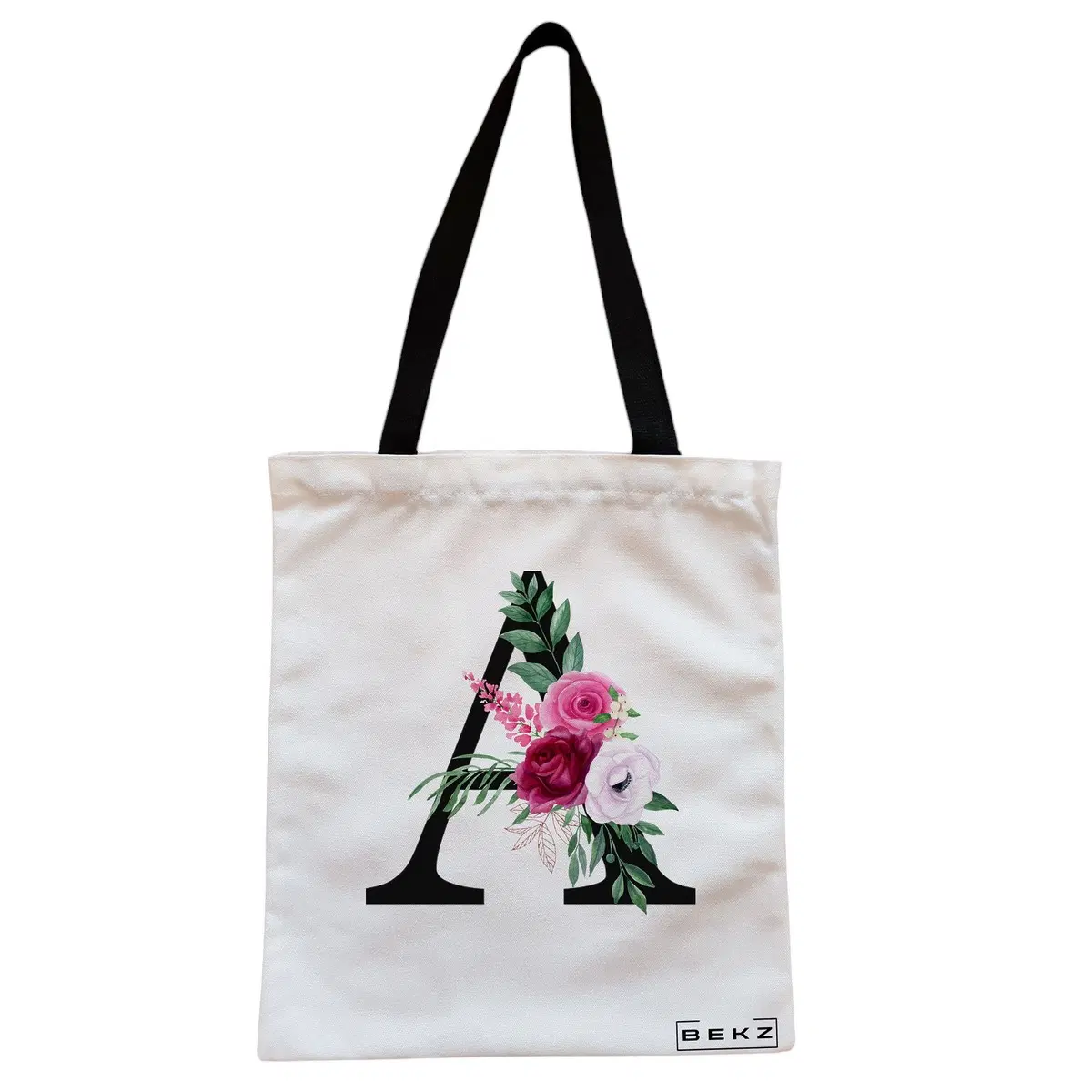 Geanta Canvas Tote pentru femei, Cu litera A si Trandafiri, 38x34.5 cm, Alba, BEKZ®