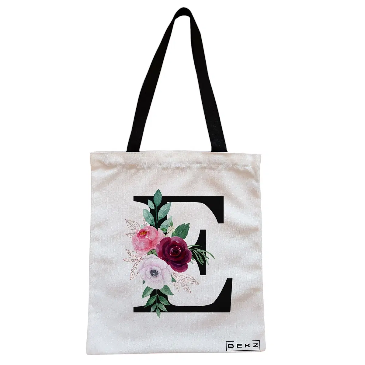 Geanta Canvas Tote pentru femei, Cu litera E si Trandafiri, 38x34.5 cm, Alba, BEKZ®