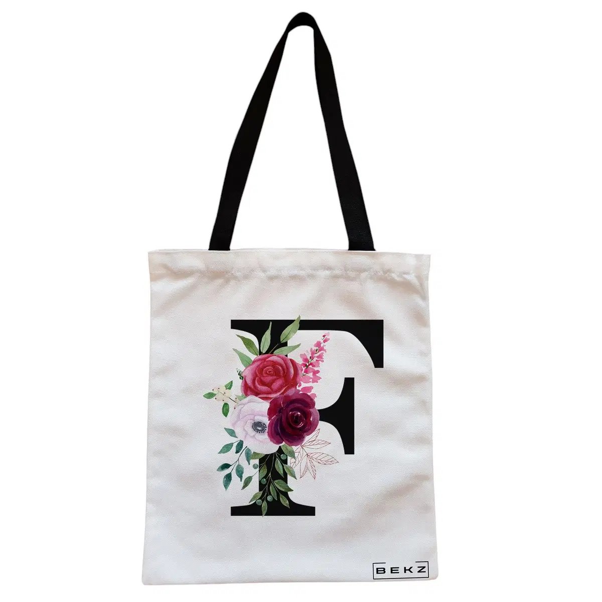 Geanta Canvas Tote pentru femei, Cu litera F si Trandafiri, 38x34.5 cm, Alba, BEKZ®