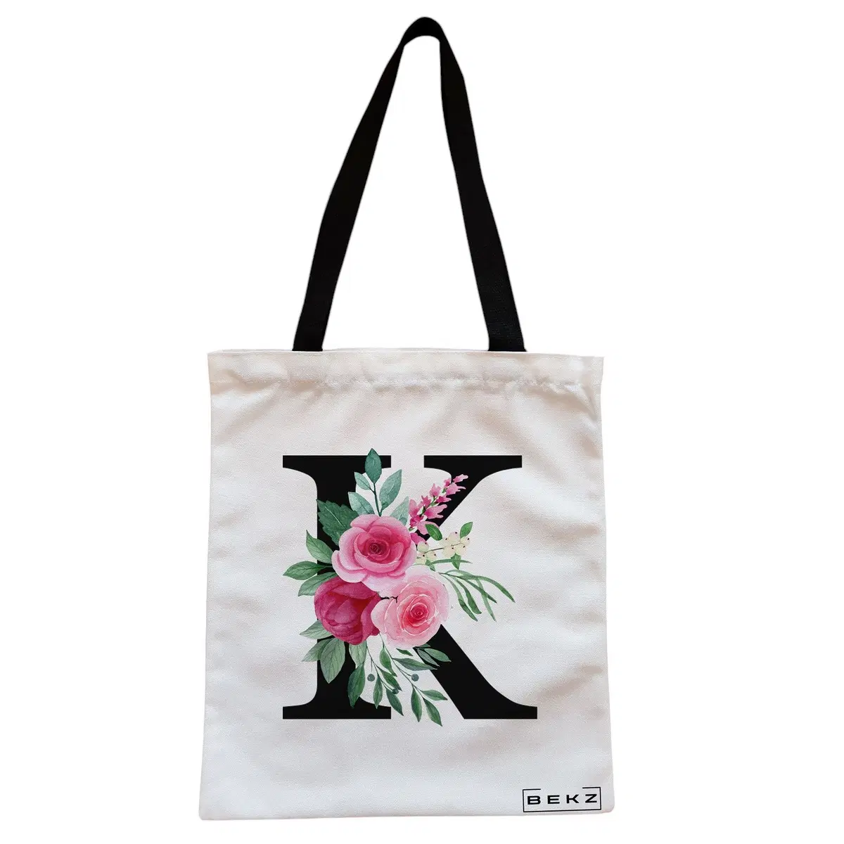 Geanta Canvas Tote pentru femei, Cu litera K si Trandafiri, 38x34.5 cm, Alba, BEKZ®