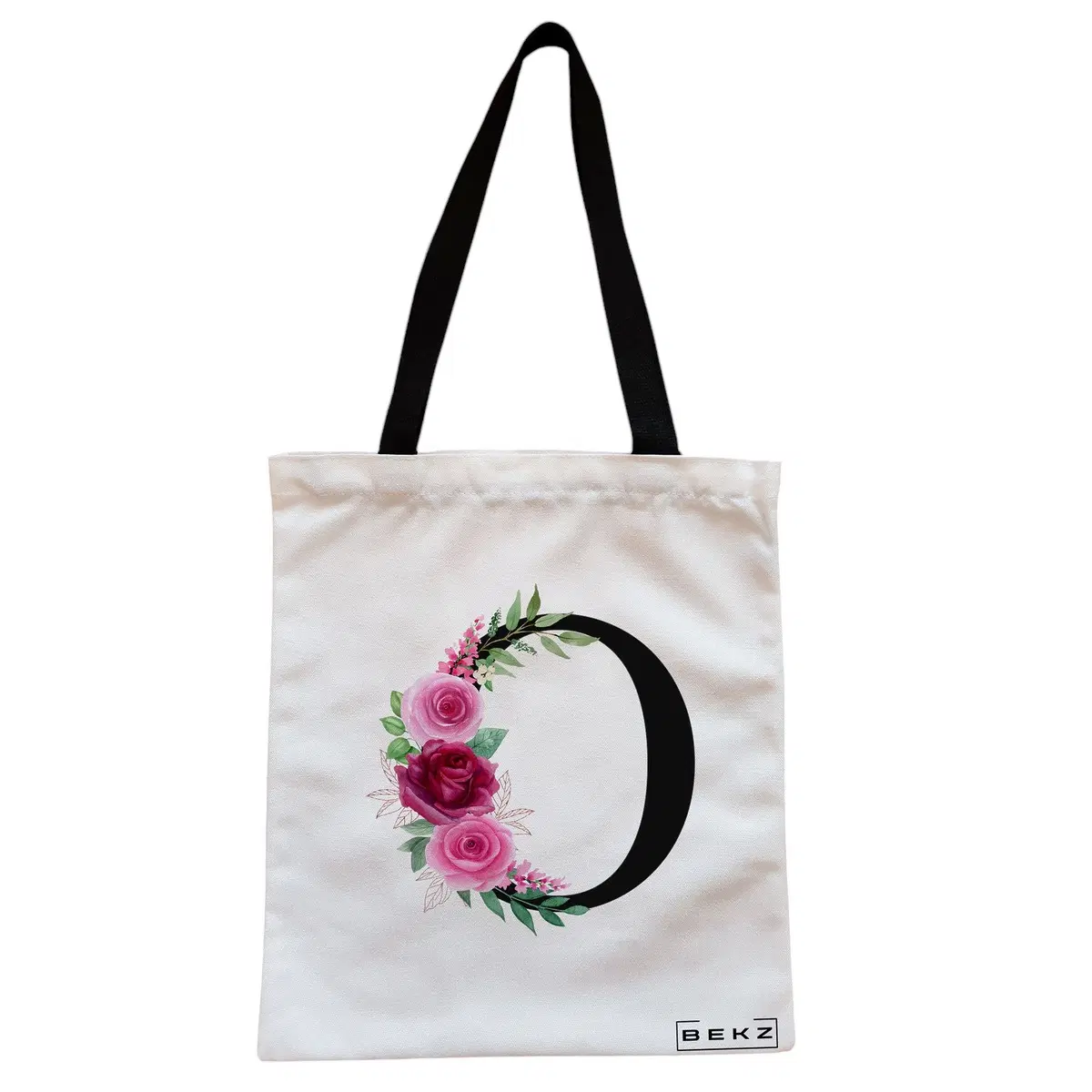 Geanta Canvas Tote pentru femei, Cu litera O si Trandafiri, 38x34.5 cm, Alba, BEKZ®