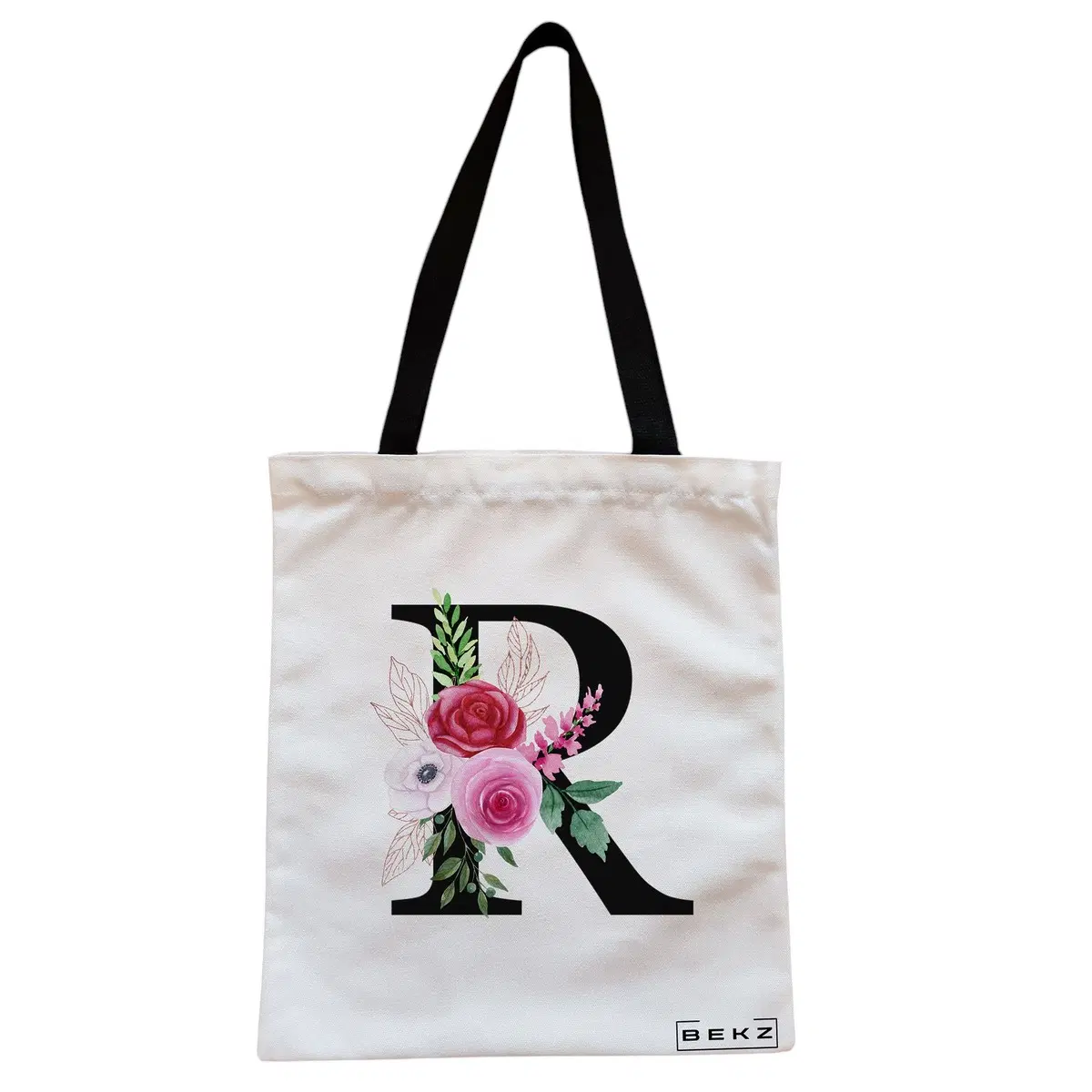 Geanta Canvas Tote pentru femei, Cu litera R si Trandafiri, 38x34.5 cm, Alba, BEKZ®