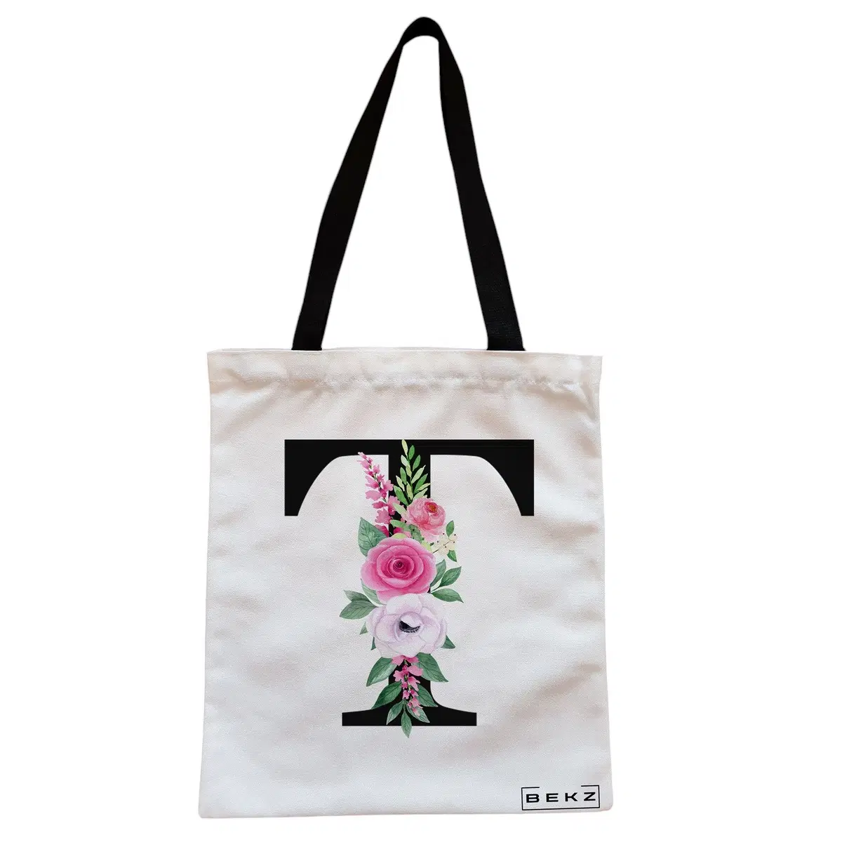 Geanta Canvas Tote pentru femei, Cu litera T si Trandafiri, 38x34.5 cm, Alba, BEKZ®
