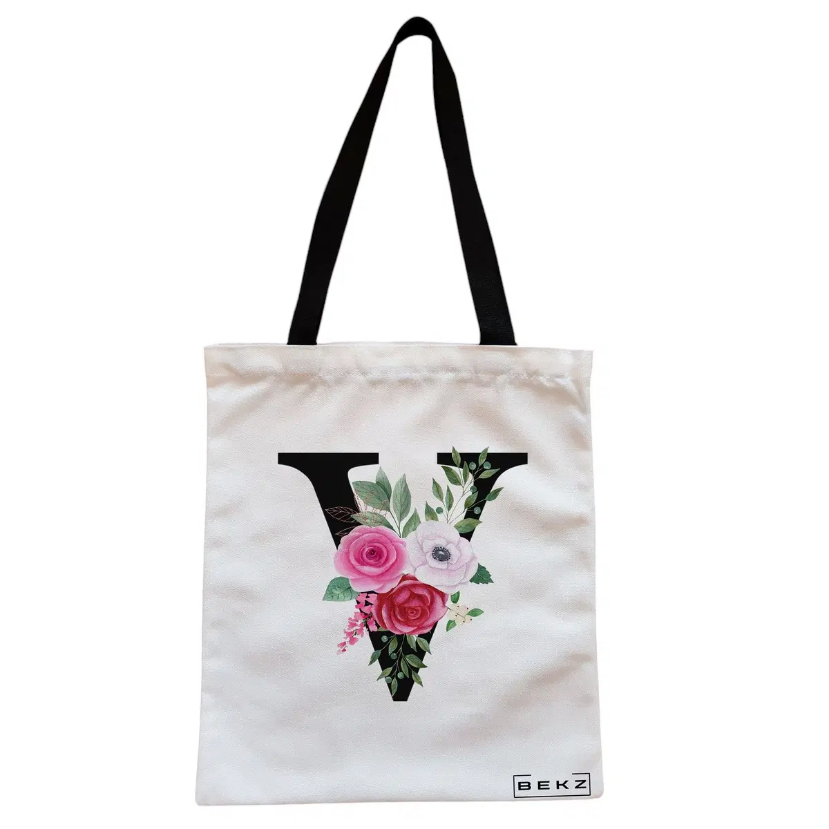 Geanta Canvas Tote pentru femei, Cu litera V si Trandafiri, 38x34.5 cm, Alba, BEKZ®