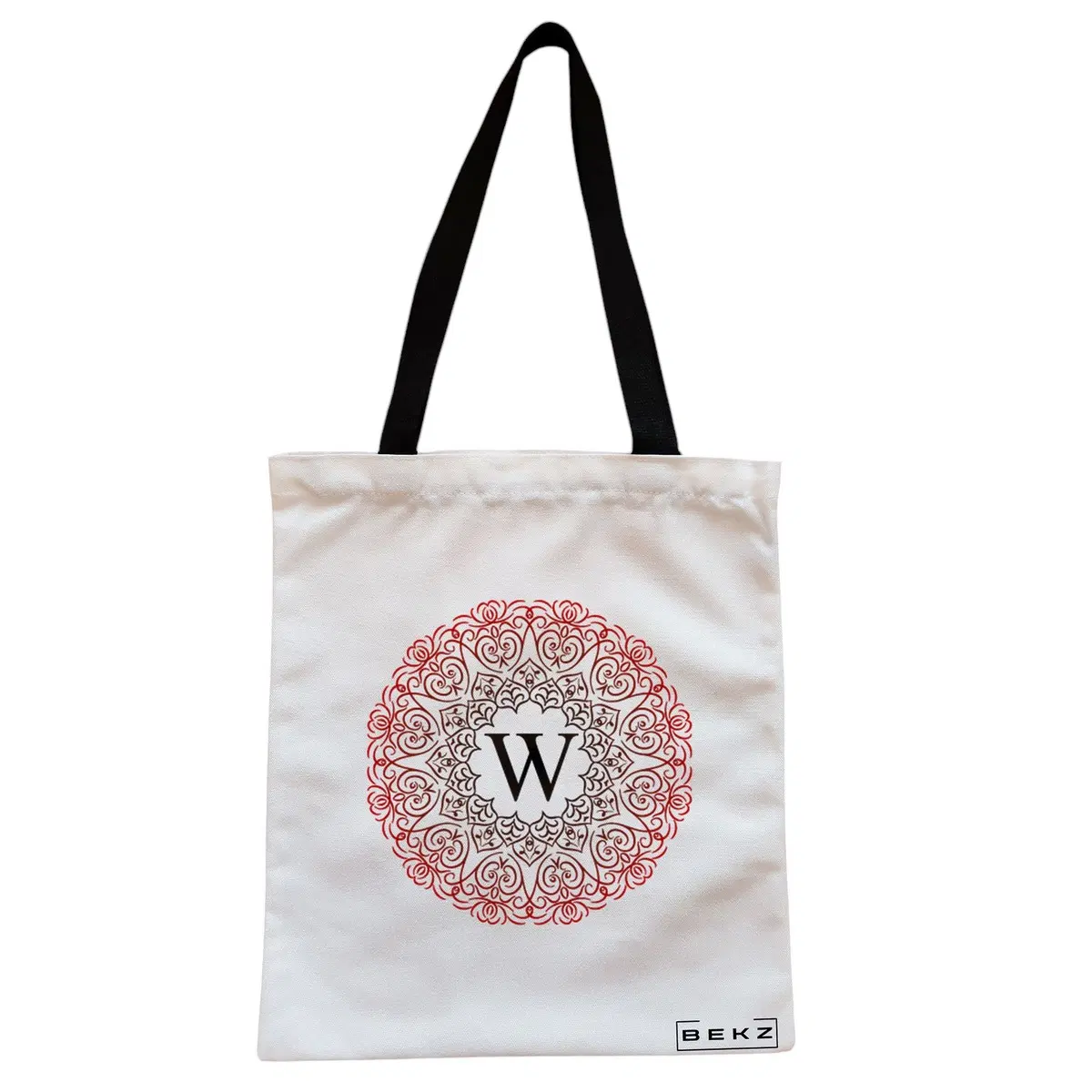 Geanta Canvas Tote pentru femei, Cu litera W si Mandala, 38x34.5 cm, Alba, BEKZ®