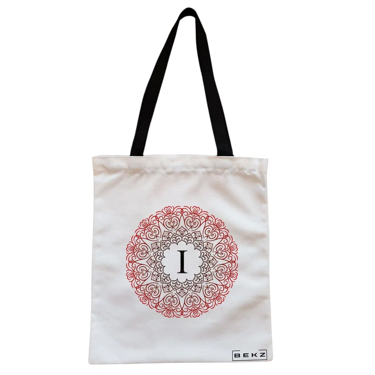 Geanta Canvas Tote pentru femei, Cu litera I si Mandala, 38x34.5 cm, Alba, BEKZ®