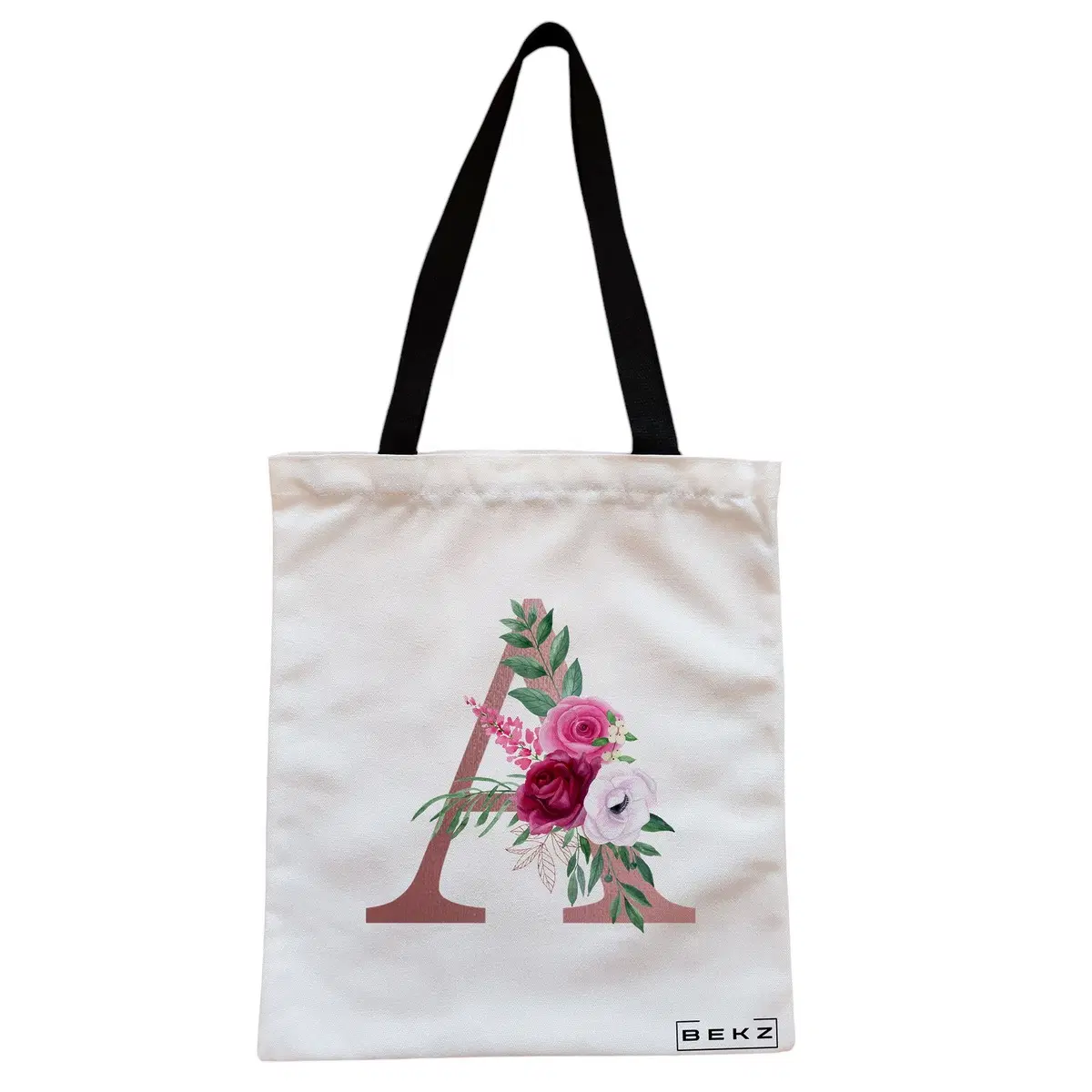 Geanta Canvas Tote pentru femei, Cu litera A Rose Gold si Trandafiri, 38x34.5 cm, Alba, BEKZ®