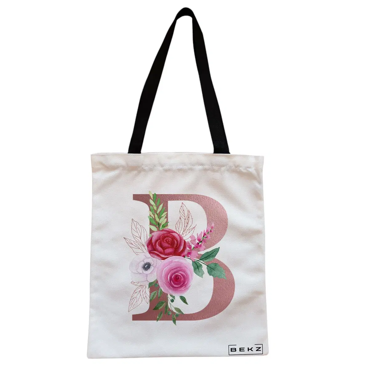 Geanta Canvas Tote pentru femei, Cu litera B Rose Gold si Trandafiri, 38x34.5 cm, Alba, BEKZ®
