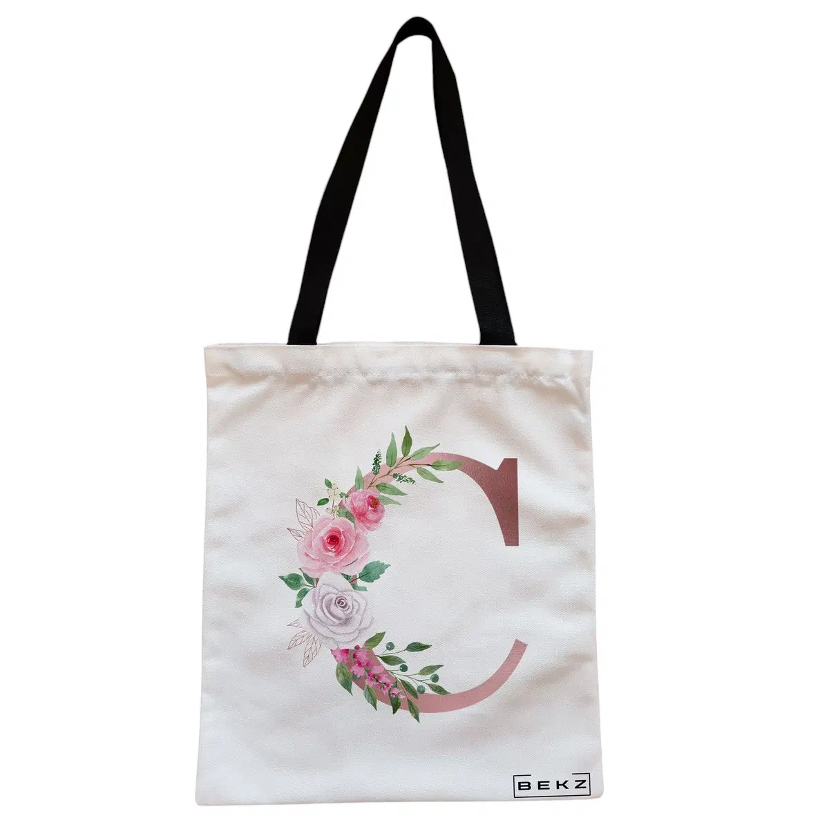Geanta Canvas Tote pentru femei, Cu litera C Rose Gold si Trandafiri, 38x34.5 cm, Alba, BEKZ®