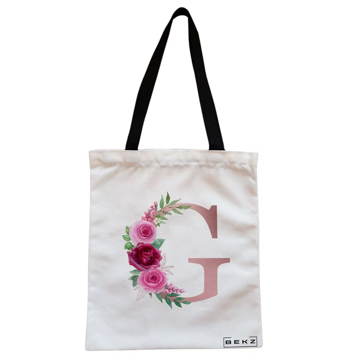 Geanta Canvas Tote pentru femei, Cu litera G Rose Gold si Trandafiri, 38x34.5 cm, Alba, BEKZ®