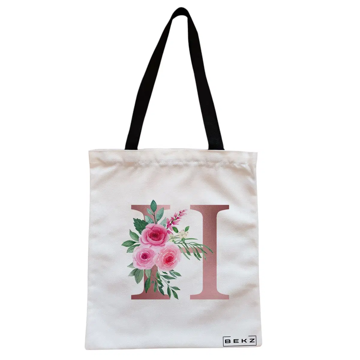 Geanta Canvas Tote pentru femei, Cu litera H Rose Gold si Trandafiri, 38x34.5 cm, Alba, BEKZ®