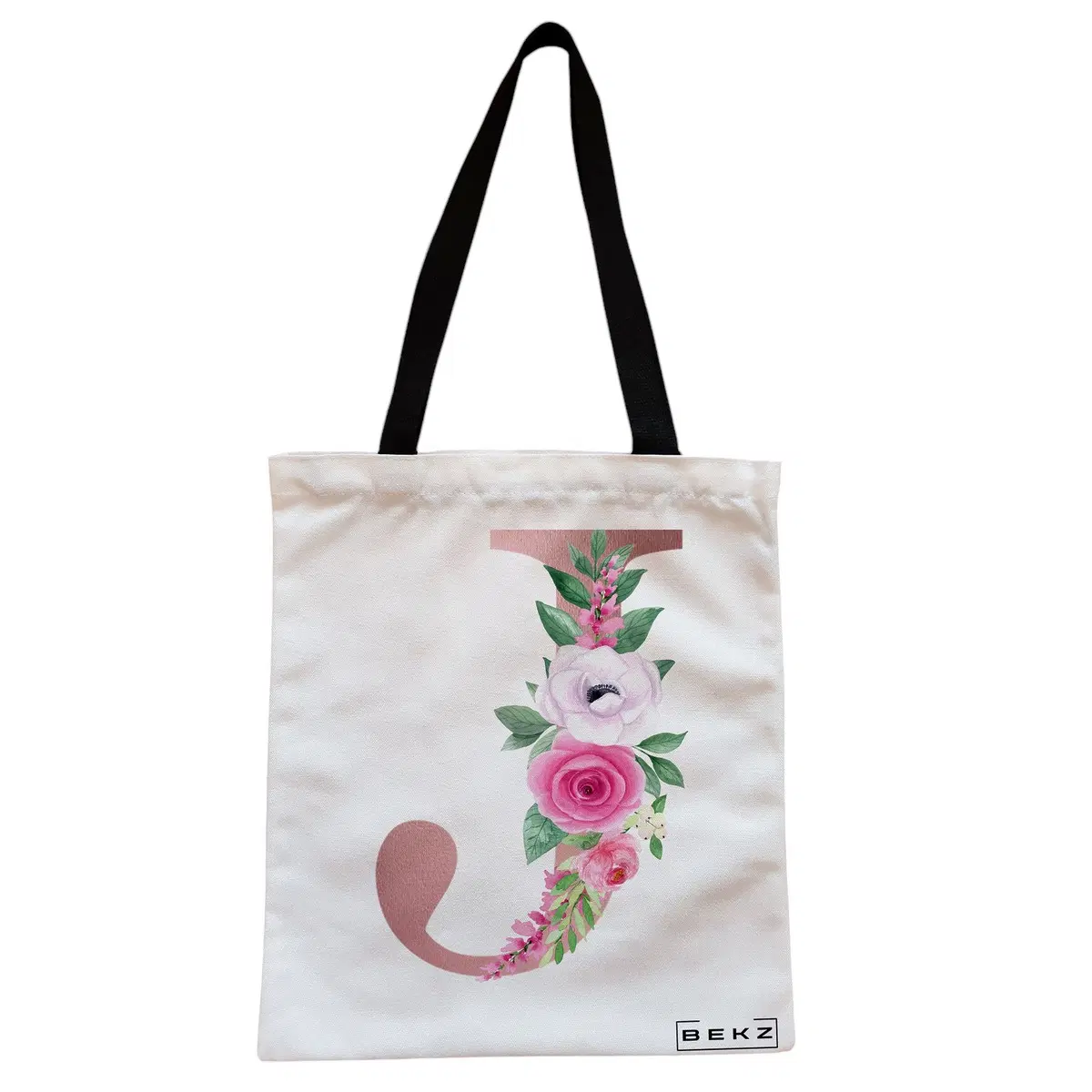 Geanta Canvas Tote pentru femei, Cu litera J Rose Gold si Trandafiri, 38x34.5 cm, Alba, BEKZ®