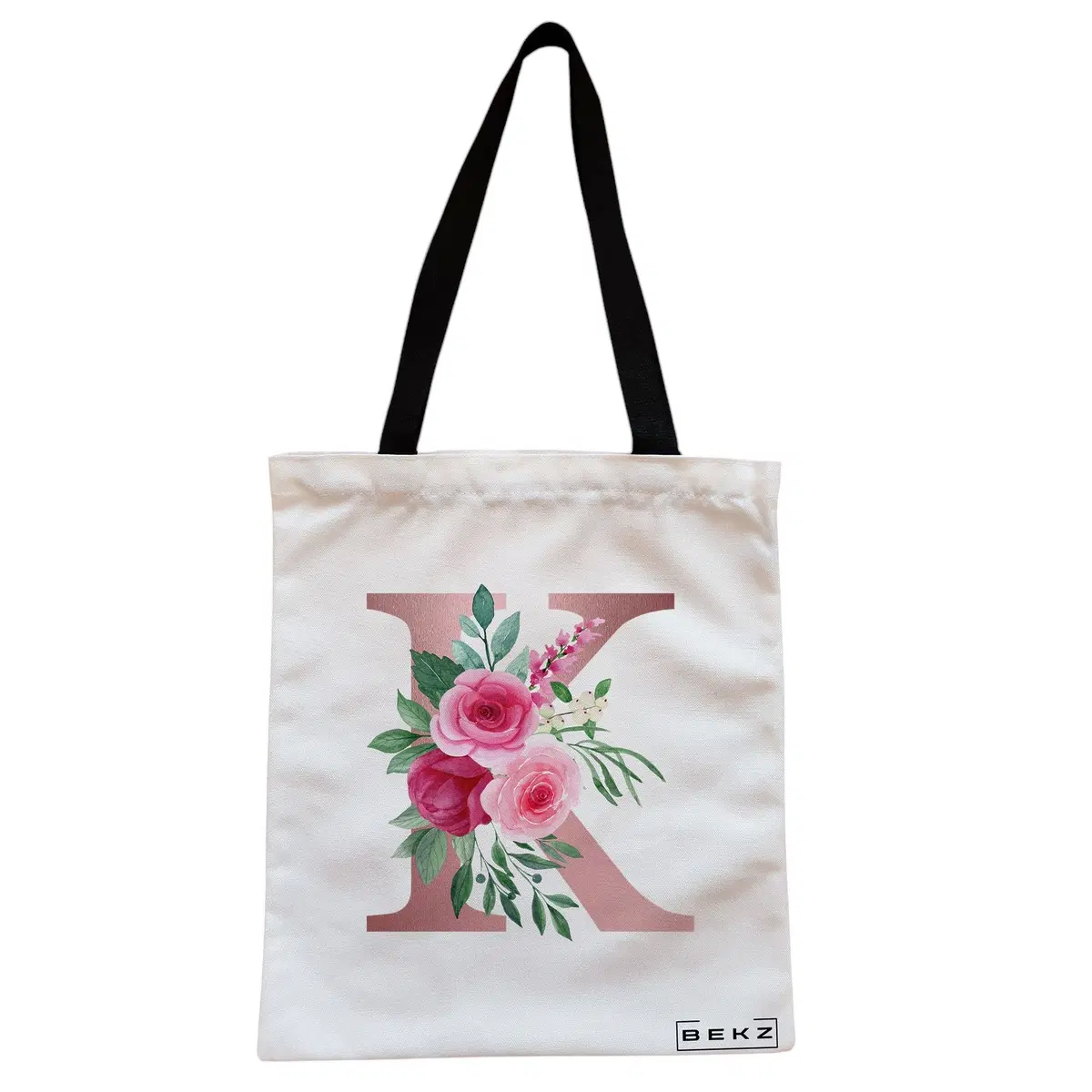 Geanta Canvas Tote pentru femei, Cu litera K Rose Gold si Trandafiri, 38x34.5 cm, Alba, BEKZ®