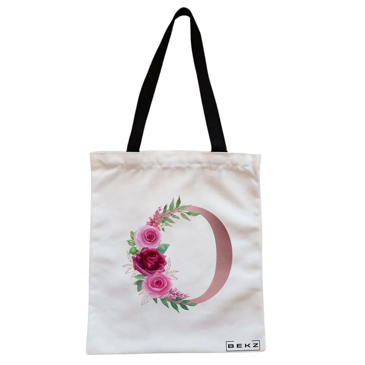 Geanta Canvas Tote pentru femei, Cu litera O Rose Gold si Trandafiri, 38x34.5 cm, Alba, BEKZ®