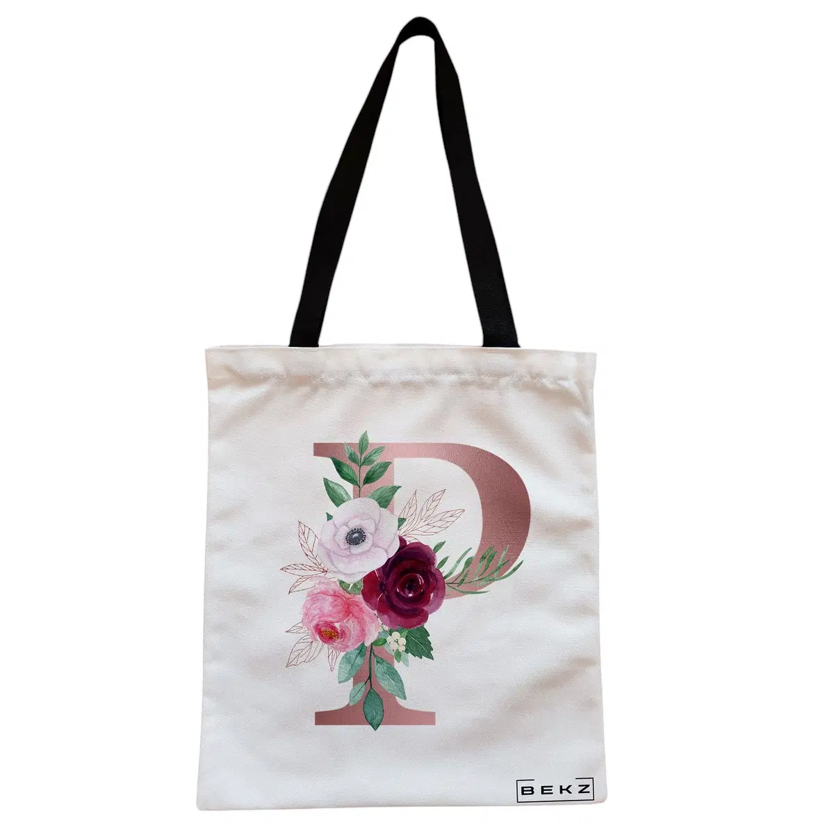 Geanta Canvas Tote pentru femei, Cu litera P Rose Gold si Trandafiri, 38x34.5 cm, Alba, BEKZ®