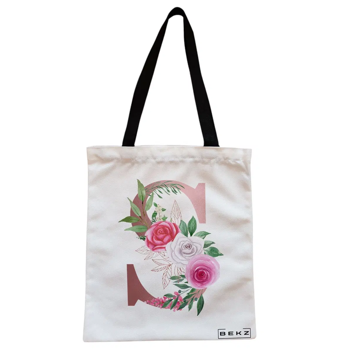 Geanta Canvas Tote pentru femei, Cu litera S Rose Gold si Trandafiri, 38x34.5 cm, Alba, BEKZ®