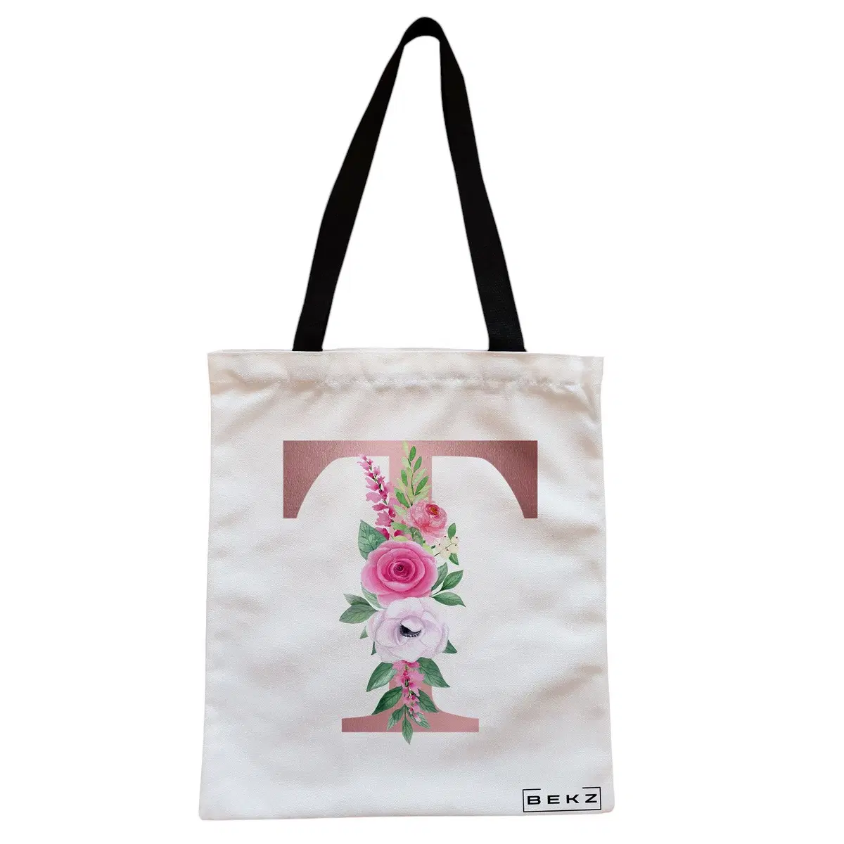 Geanta Canvas Tote pentru femei, Cu litera T Rose Gold si Trandafiri, 38x34.5 cm, Alba, BEKZ®