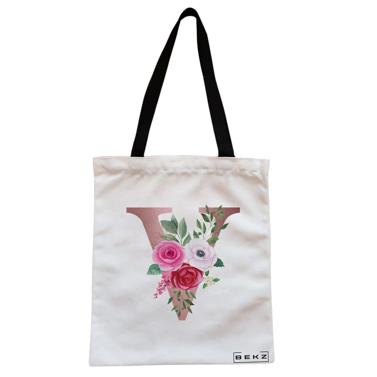 Geanta Canvas Tote pentru femei, Cu litera V Rose Gold si Trandafiri, 38x34.5 cm, Alba, BEKZ®