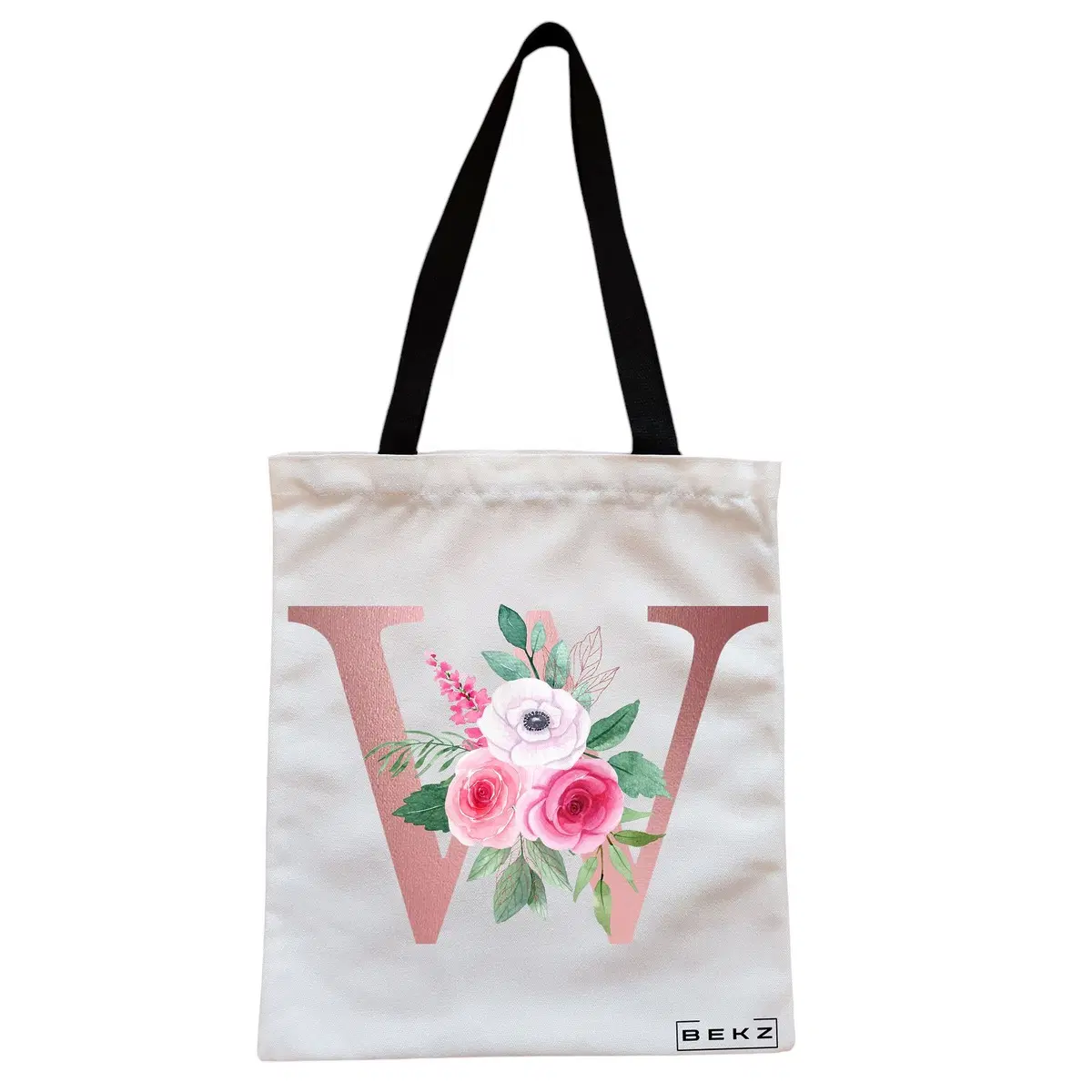 Geanta Canvas Tote pentru femei, Cu litera W Rose Gold si Trandafiri, 38x34.5 cm, Alba, BEKZ®