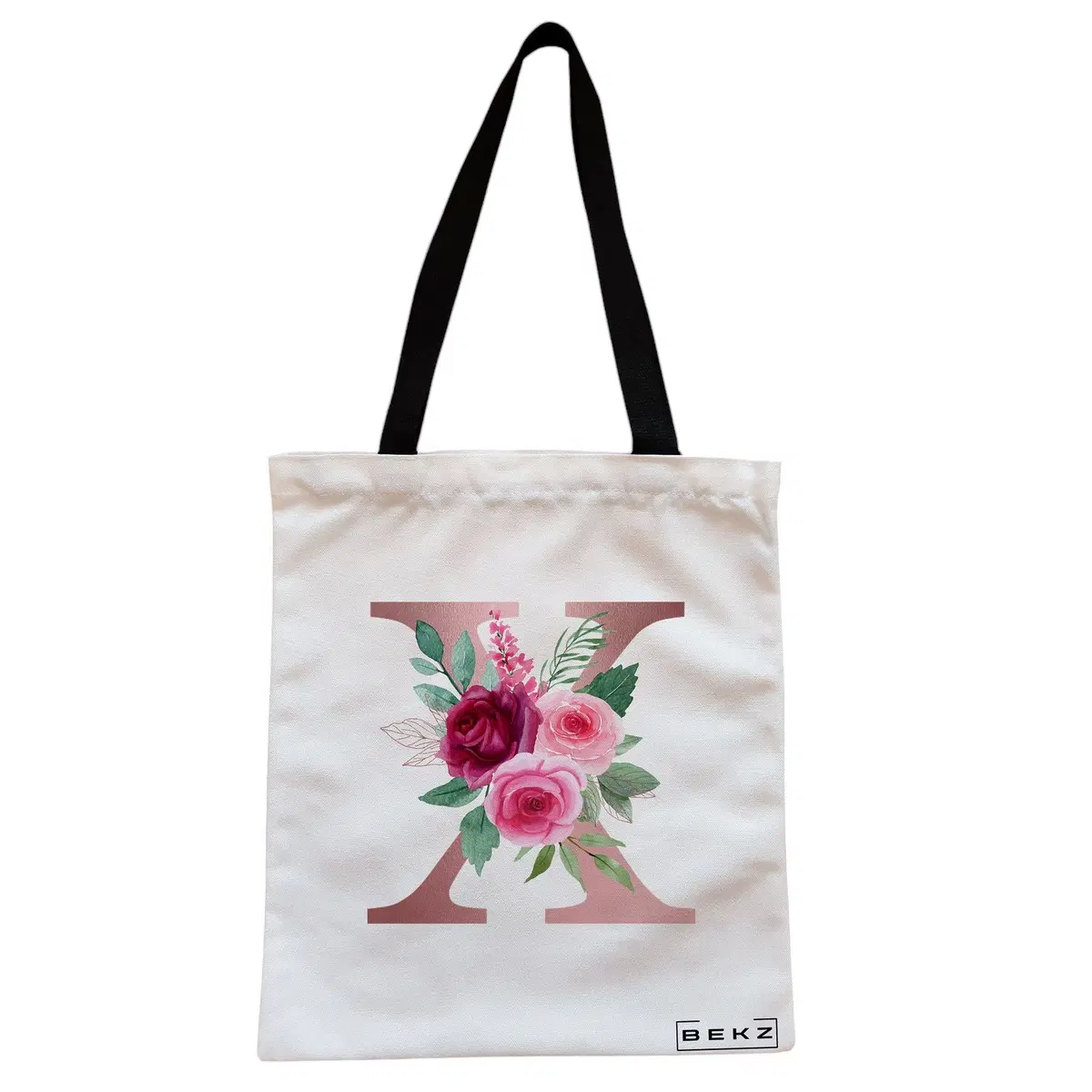 Geanta Canvas Tote pentru femei, Cu litera X Rose Gold si Trandafiri, 38x34.5 cm, Alba, BEKZ®