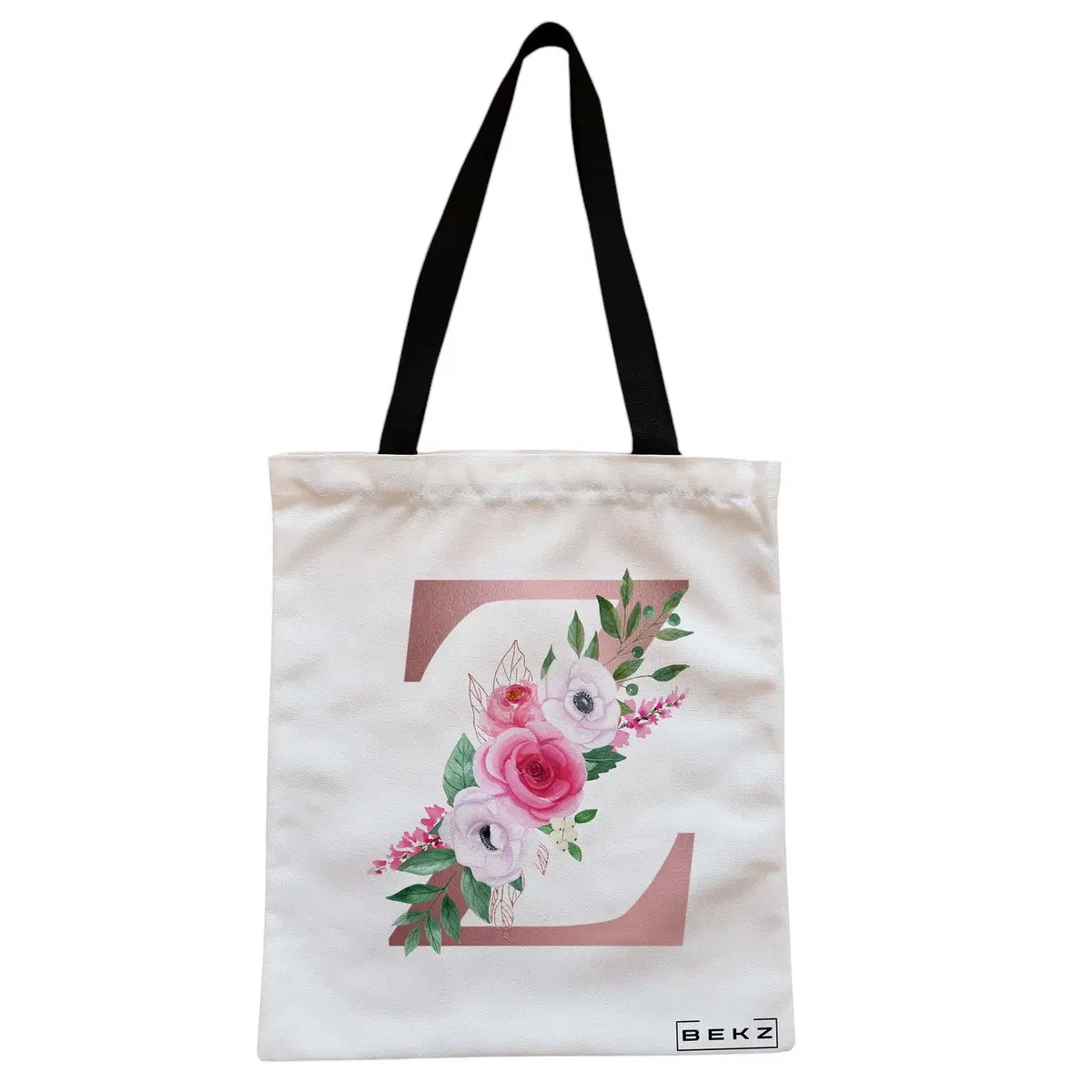 Geanta Canvas Tote pentru femei, Cu litera Z Rose Gold si Trandafiri, 38x34.5 cm, Alba, BEKZ®