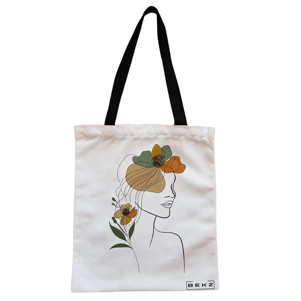 Geanta Canvas Tote pentru femei, Flower Lady 11, 38x34.5 cm, Alba, BEKZ®