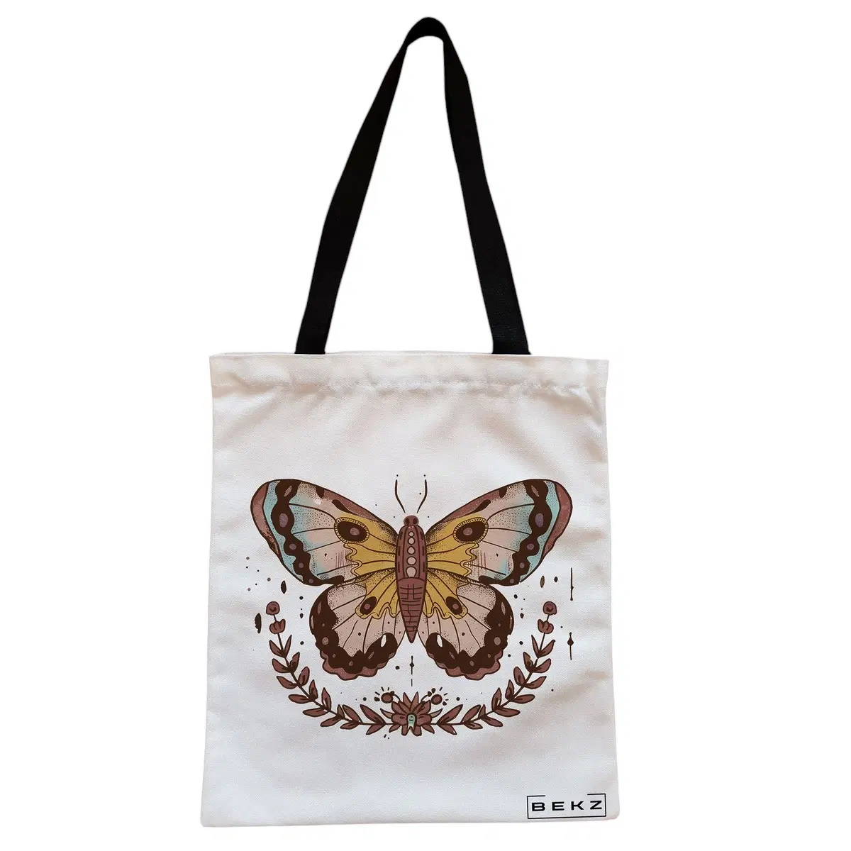 Geanta Canvas Tote pentru femei Brown Butterfly, 38x34.5 cm, Alba, BEKZ®