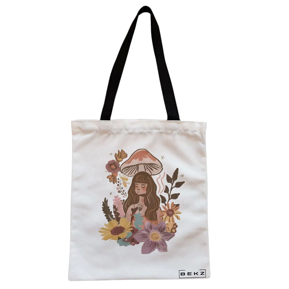 Geanta Canvas Tote pentru femei Colorful Mushrooms 3, 38x34.5 cm, Alba, BEKZ®