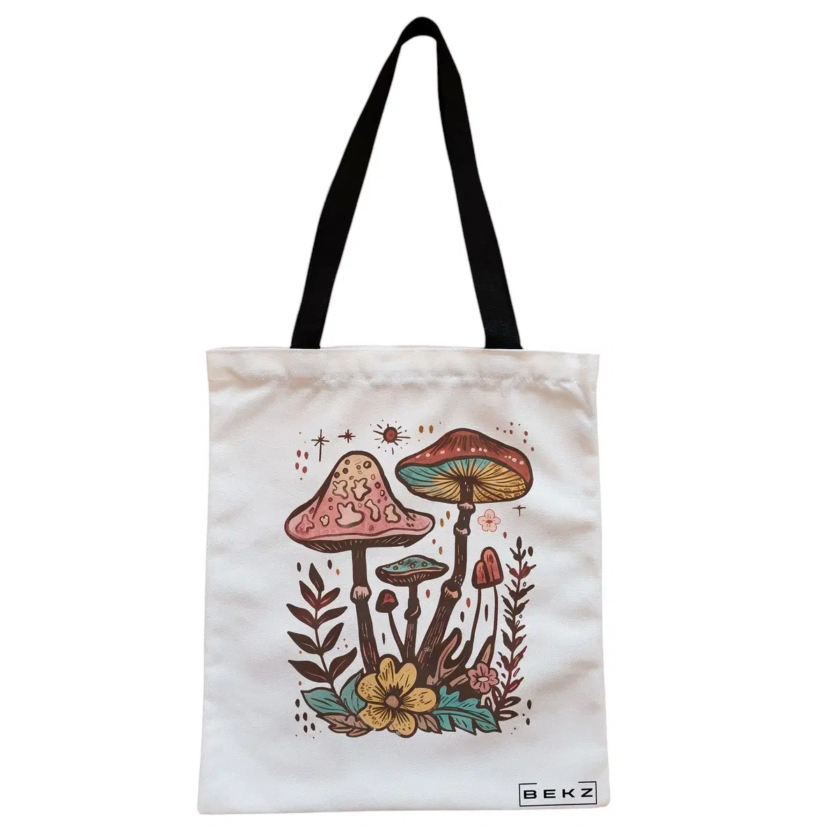 Geanta Canvas Tote pentru femei Colorful Mushrooms 4, 38x34.5 cm, Alba, BEKZ®