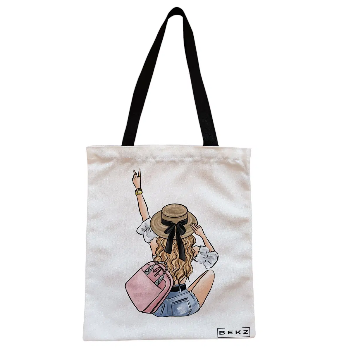 Geanta Canvas Tote pentru femei Travel Girl 7, 38x34.5 cm, Alba, BEKZ®