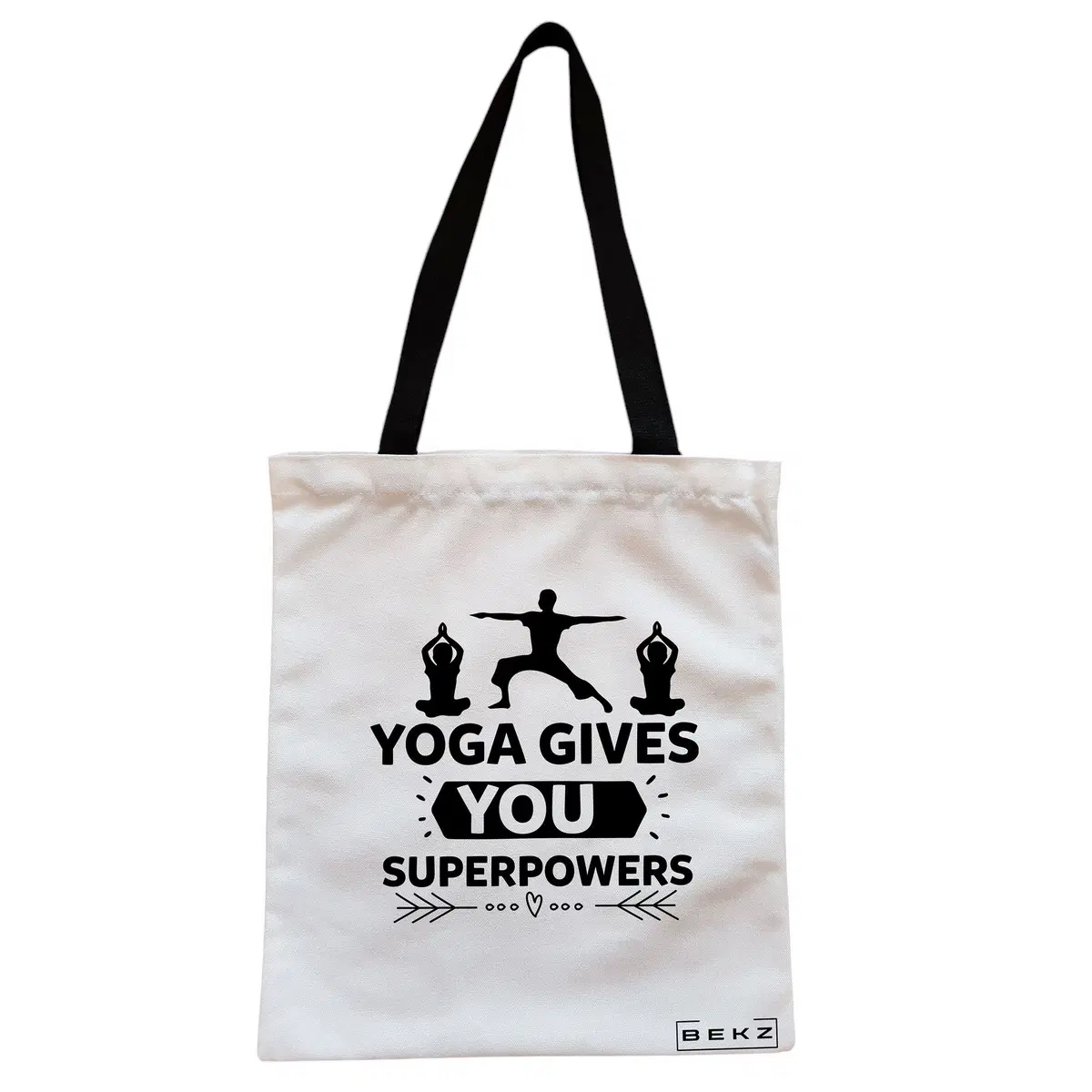 Geanta Canvas Tote pentru femei Yoga gives you super powers, 38x34.5 cm, Alba, BEKZ®