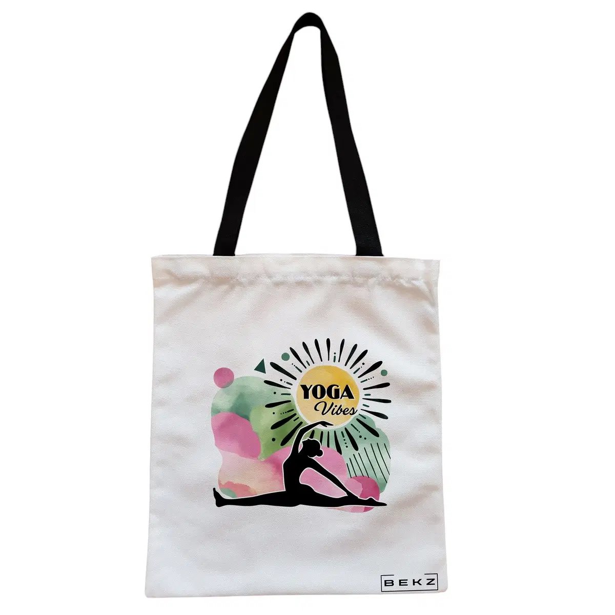 Geanta Canvas Tote pentru femei Yoga Vibes, 38x34.5 cm, Alba, BEKZ®