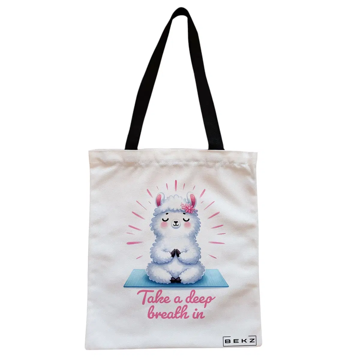 Geanta Canvas Tote pentru femei Yoga Take a deep breath in, 38x34.5 cm, Alba, BEKZ®