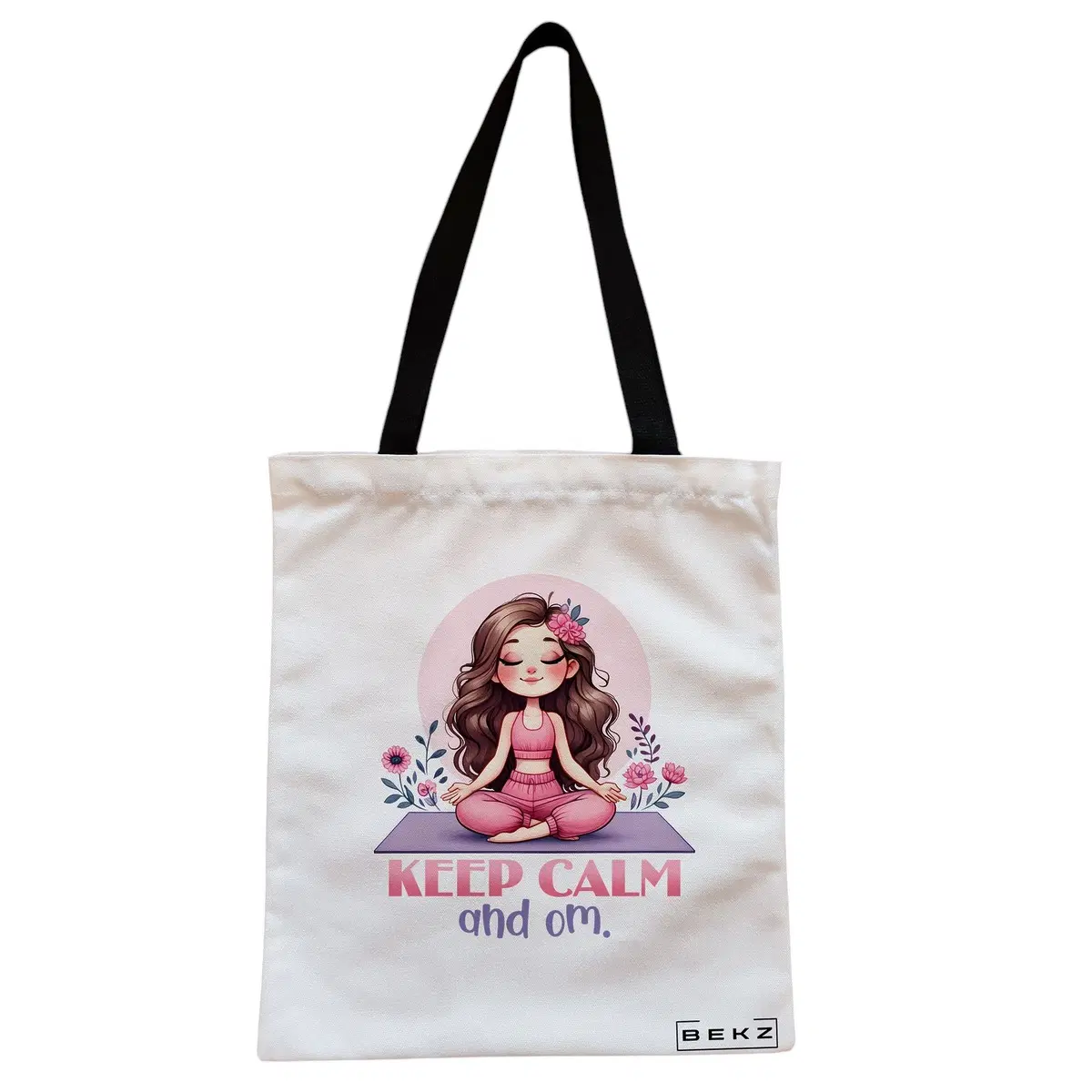 Geanta Canvas Tote pentru femei Yoga Keep calm and Om, 38x34.5 cm, Alba, BEKZ®